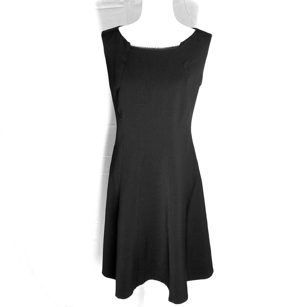 T Tahari black dress with frayed neckline detail